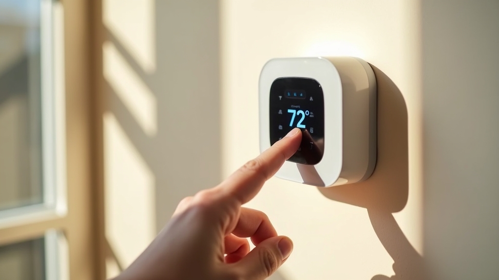 hand adjusting a modern smart thermostat mounted on a cream-colored wall