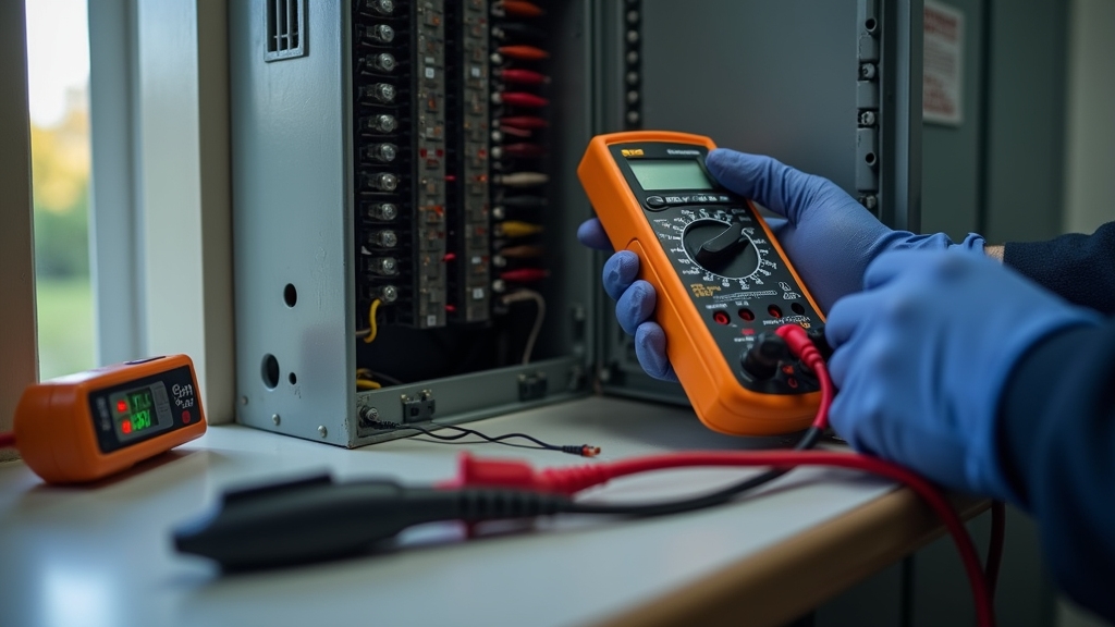 technician's gloved hands using a digital multimeter