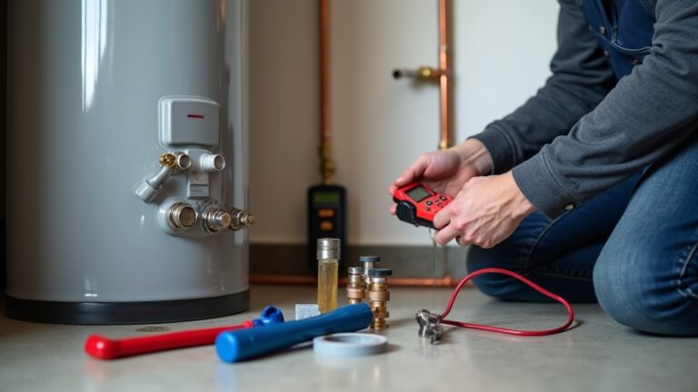 A professional plumber kneels beside a newly installed cylindrical water heater in a clean