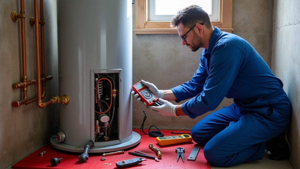 experienced plumber in the middle of repairing a water heater 