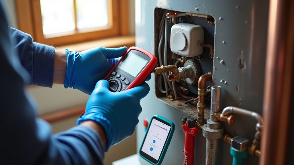close-up photograph capturing a professional plumber's hands troubleshooting a residential water heater